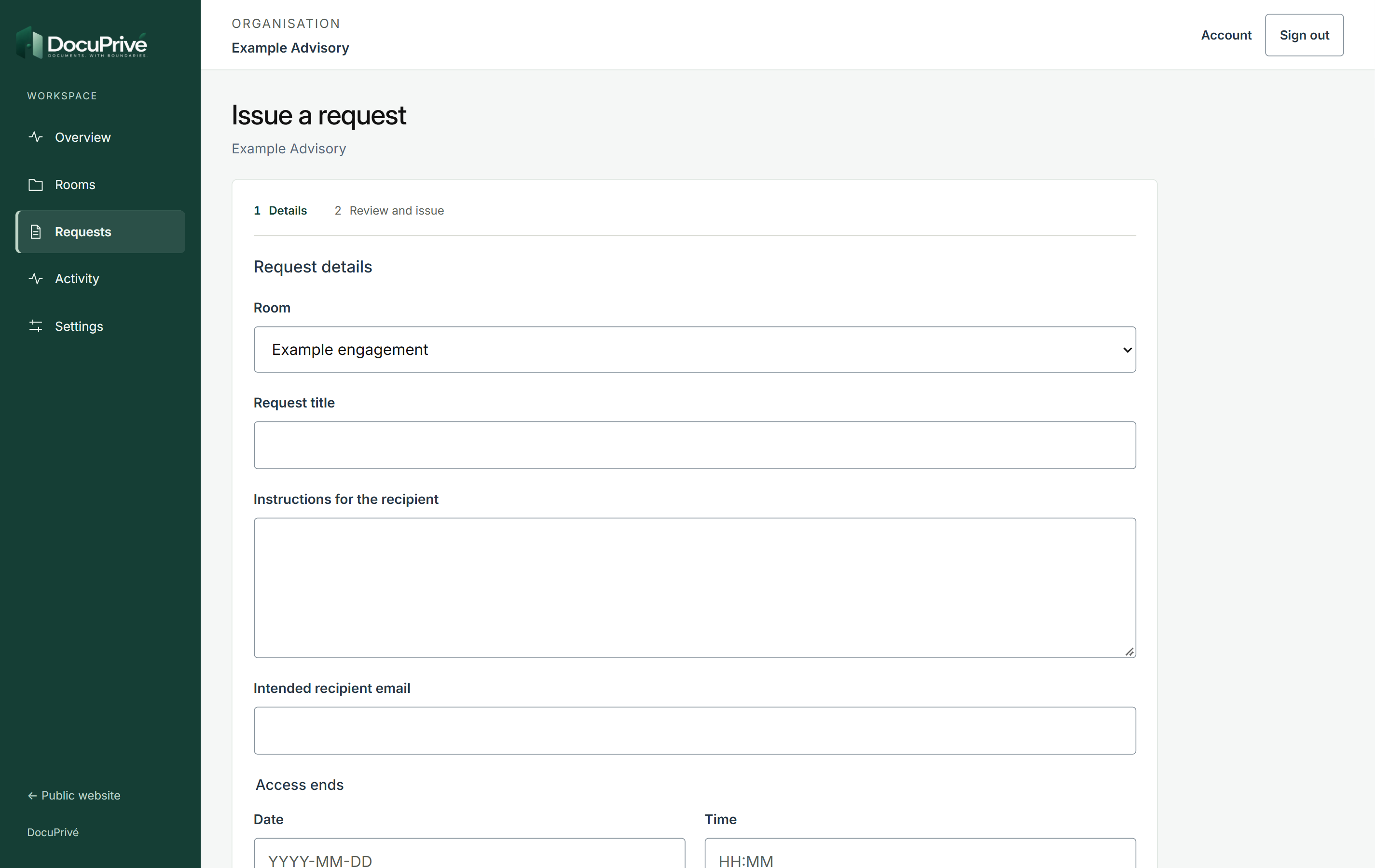 Issue a request, Example Advisory, with two steps: 1 Details, 2 Review and issue.