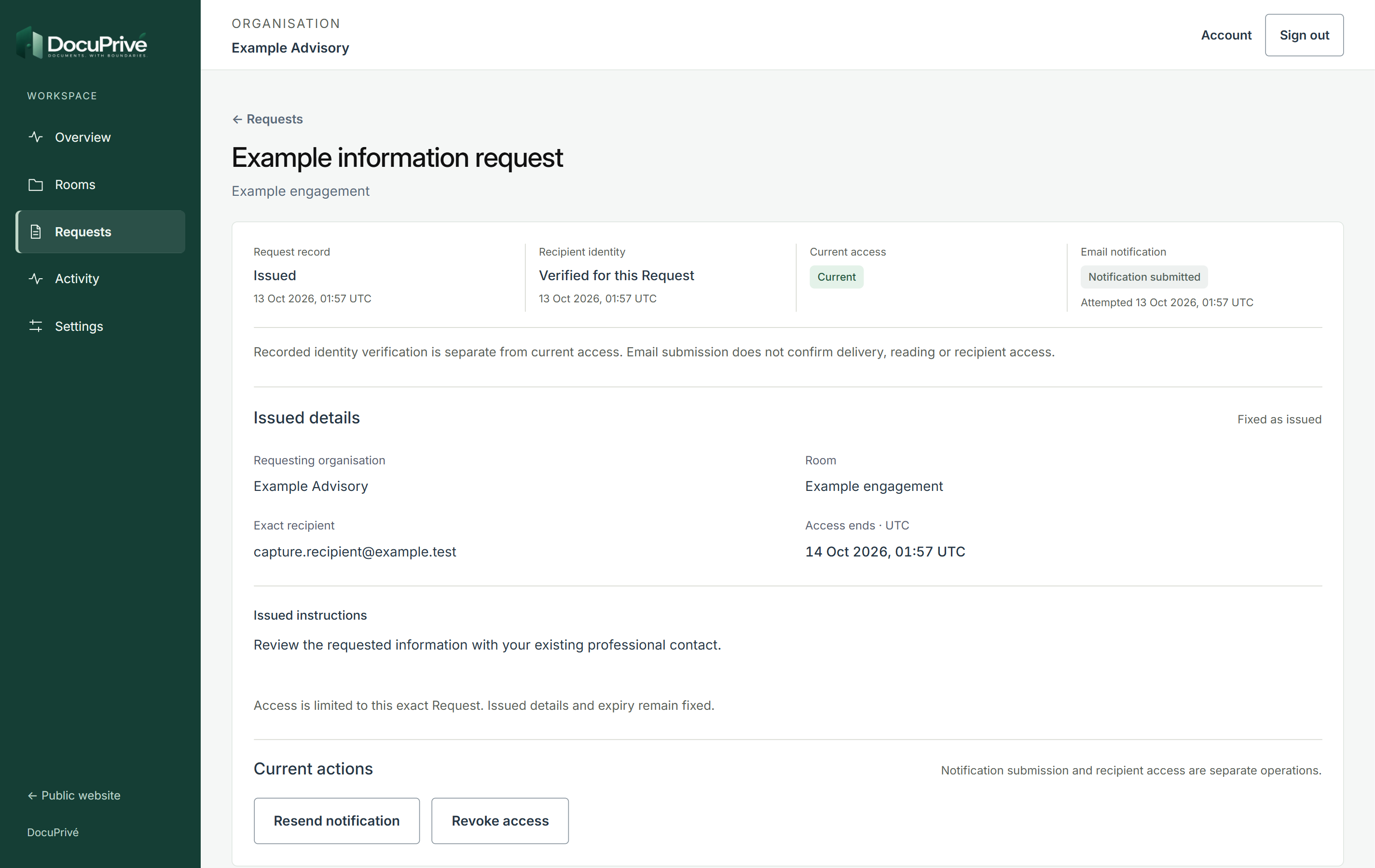Request record: Example information request, Example engagement, issued 13 Oct 2026, 01:57 UTC.