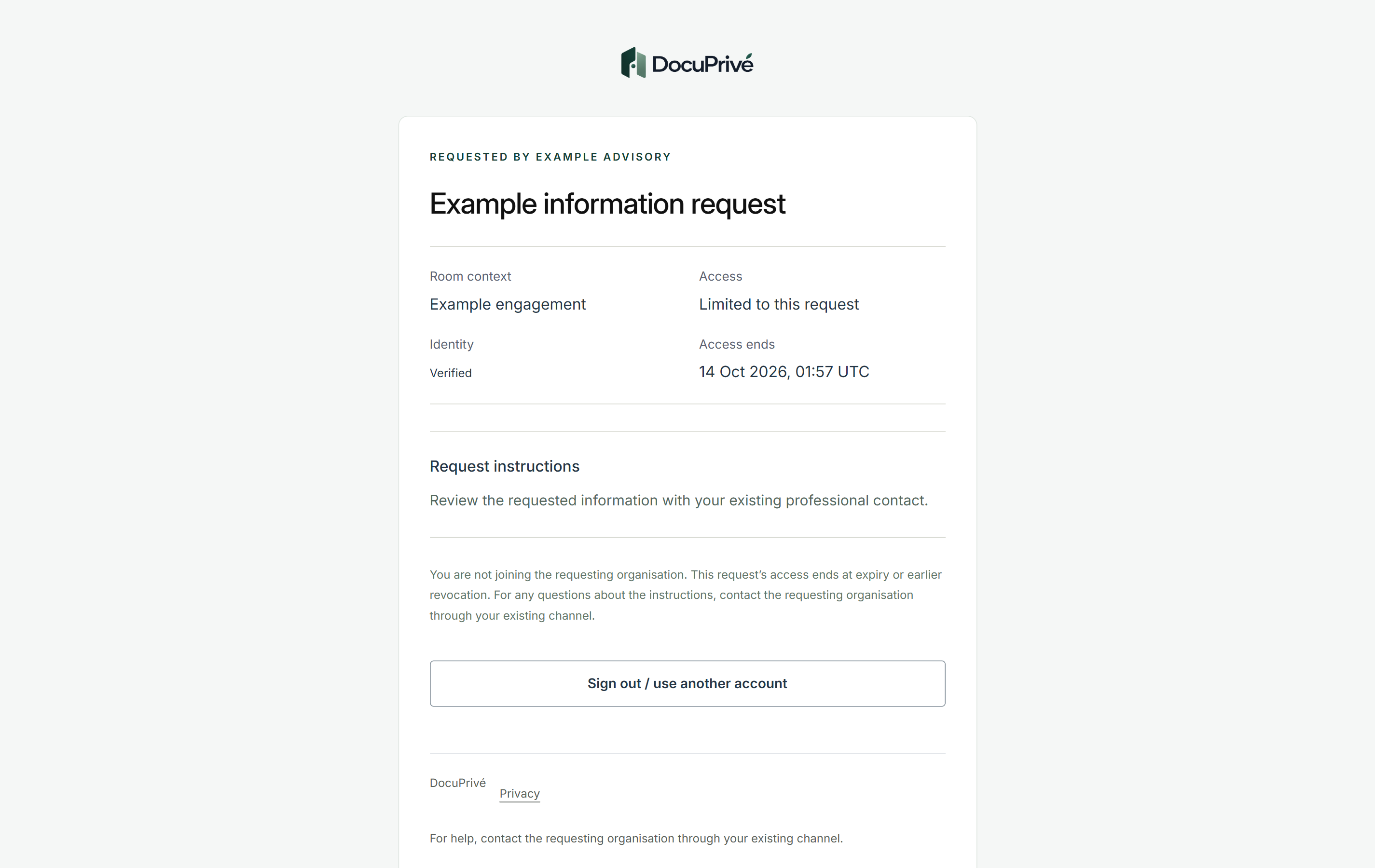 Recipient view: requested by Example Advisory, Example information request, Room context Example engagement, access limited to this request, identity verified, access ends 14 Oct 2026, 01:57 UTC.